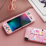 PlayVital ZealProtect Soft Protective Case for Switch OLED, Flexible Protector Joycon Grip Cover for Switch OLED with Thumb Grip Caps & ABXY Direction Button Caps - Sweet Time - XSOYV6027