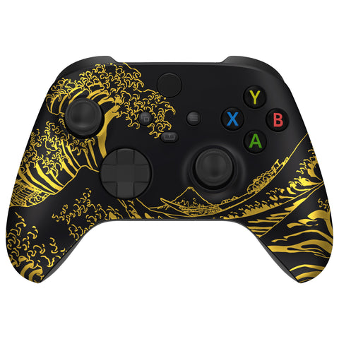 eXtremeRate The Great GOLDEN Wave Off Kanagawa - Black Replacement Part Faceplate, Soft Touch Grip Housing Shell Case for Xbox Series S & Xbox Series X Controller Accessories - Controller NOT Included - FX3T188