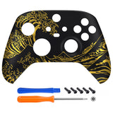 eXtremeRate The Great GOLDEN Wave Off Kanagawa - Black Replacement Part Faceplate, Soft Touch Grip Housing Shell Case for Xbox Series S & Xbox Series X Controller Accessories - Controller NOT Included - FX3T188