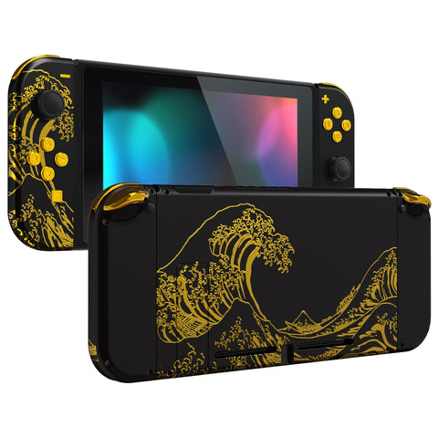 eXtremeRate The Great GOLDEN Wave Off Kanagawa - Black Back Plate for Nintendo Switch Console, NS Joycon Handheld Controller Housing with Colorful Buttons, DIY Replacement Shell for Nintendo Switch - QT120