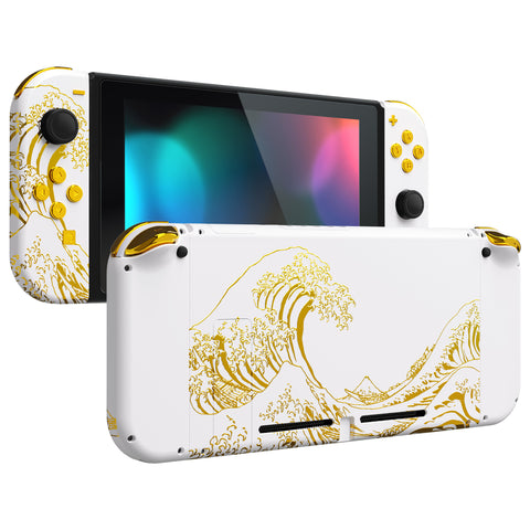 eXtremeRate The Great GOLDEN Wave Off Kanagawa - White Back Plate for Nintendo Switch Console, NS Joycon Handheld Controller Housing with Colorful Buttons, DIY Replacement Shell for Nintendo Switch - QT121