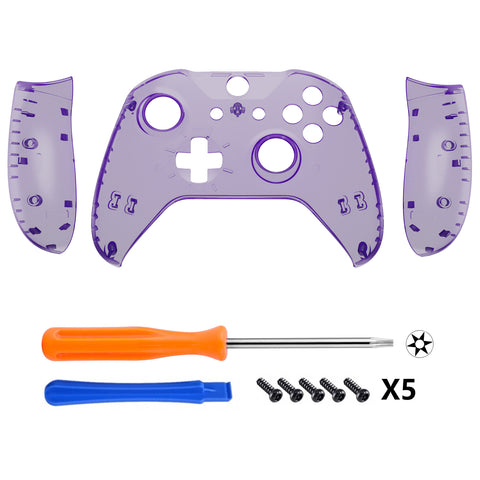 eXtremeRate Transparent Clear Atomic Purple Top Shell Front Housing Faceplate Replacement Parts with Side Rails Panel for Xbox One X & One S Controller (Model 1708) - ZSXOFX17
