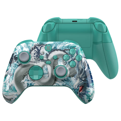 eXtremeRate ASR Version Performance Rubberized Full Set Shell Buttons with Redesigned Grip Diamond Texture Handles Backplate Case for Xbox Series X/S & Xbox Core Controller - Jade Dragon - Cloud Dominator - GVNX3T005