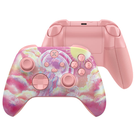 eXtremeRate ASR Version Performance Rubberized Full Set Shell Buttons with Redesigned Grip Diamond Texture Handles Backplate Case for Xbox Series X/S & Xbox Core Controller - Pinky Jellyfish Heaven - GVNX3T003