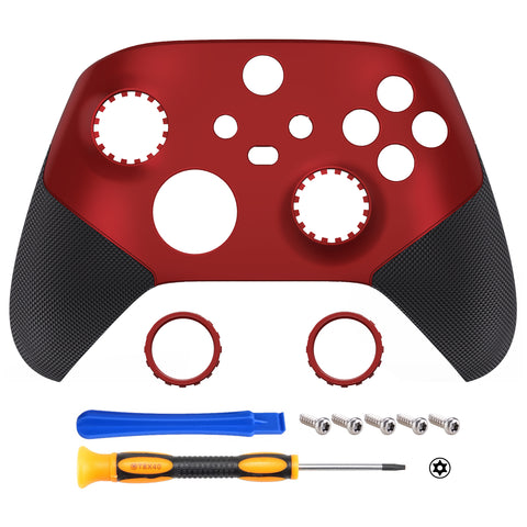 eXtremeRate Rubberized Scarlet Red & Black ASR Version Performance Rubberized Grip Front Housing Shell  with Accent Rings for Xbox Series X/S Controller - FX3C3003