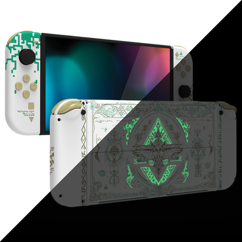 eXtremeRate Glow in Dark - Totem of Kingdom White Full Set Shell for Nintendo Switch OLED, Replacement Console Back Plate & Kickstand, NS Joycon Handheld Controller Housing with Full Set Buttons for Nintendo Switch OLED - QNSOT005