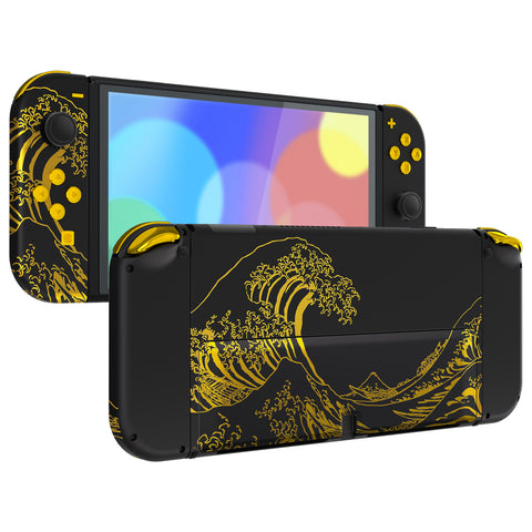 eXtremeRate The Great GOLDEN Wave Off Kanagawa - Black Full Set Shell for Nintendo Switch OLED, Replacement Console Back Plate & Kickstand, NS Joycon Handheld Controller Housing with Full Set Buttons for Nintendo Switch OLED - QNSOT002