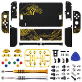 eXtremeRate The Great GOLDEN Wave Off Kanagawa - Black Full Set Shell for Nintendo Switch OLED, Replacement Console Back Plate & Kickstand, NS Joycon Handheld Controller Housing with Full Set Buttons for Nintendo Switch OLED - QNSOT002