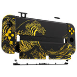 eXtremeRate The Great GOLDEN Wave Off Kanagawa - Black Full Set Shell for Nintendo Switch OLED, Replacement Console Back Plate & Kickstand, NS Joycon Handheld Controller Housing with Full Set Buttons for Nintendo Switch OLED - QNSOT002