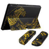 eXtremeRate The Great GOLDEN Wave Off Kanagawa - Black Full Set Shell for Nintendo Switch OLED, Replacement Console Back Plate & Kickstand, NS Joycon Handheld Controller Housing with Full Set Buttons for Nintendo Switch OLED - QNSOT002