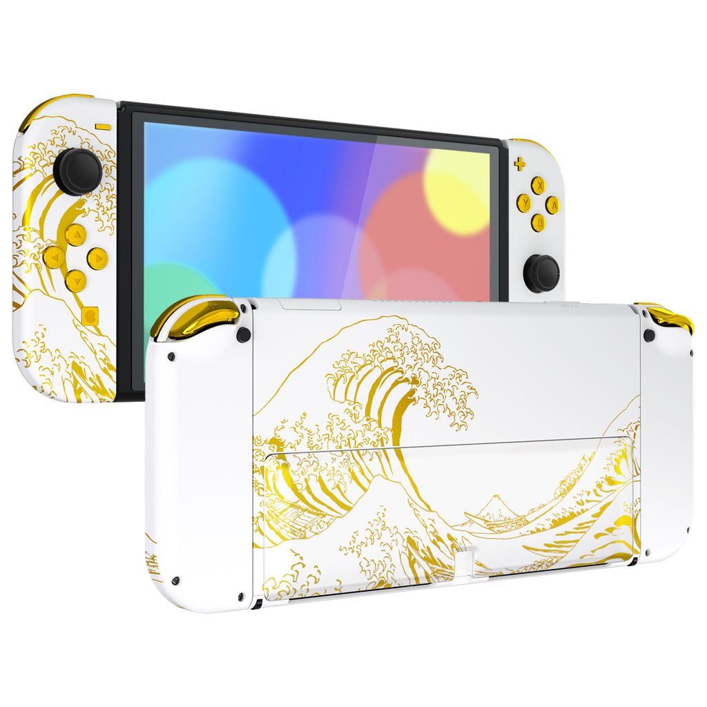 eXtremeRate The Great GOLDEN Wave Off Kanagawa - White Full Set Shell for Nintendo Switch OLED, Replacement Console Back Plate & Kickstand, NS Joycon eXtremeRate The Great GOLDEN Wave Off Kanagawa - White Full Set Shell for Nintendo Switch OLED, Replacement Console Back Plate & Kickstand, NS Joycon