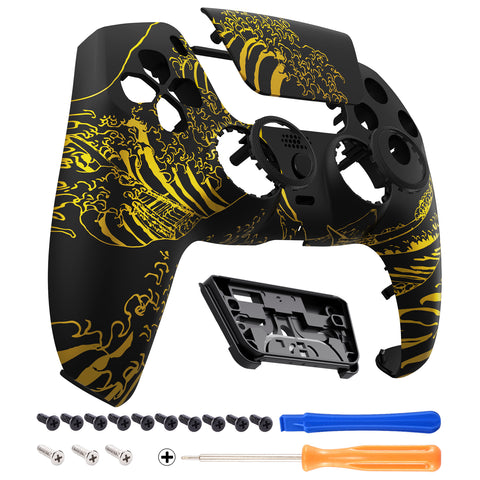 eXtremeRate LUNA Redesigned The Great GOLDEN Wave Off Kanagawa - Black Front Shell Touchpad Compatible with ps5 Controller BDM-010/020/030/040, DIY Replacement Housing Custom Touch Pad Cover Compatible with ps5 Controller - GHPFT014