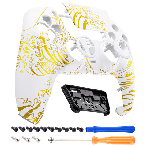 eXtremeRate LUNA Redesigned The Great GOLDEN Wave Off Kanagawa - White Front Shell Touchpad Compatible with ps5 Controller BDM-010/020/030/040, DIY Replacement Housing Custom Touch Pad Cover Compatible with ps5 Controller - GHPFT015