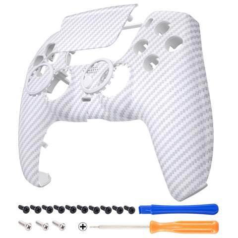 eXtremeRate LUNA Redesigned White Silver Carbon Fiber Front Shell Touchpad Compatible with ps5 Controller BDM-010/020/030/040, DIY Replacement Housing Custom Touch Pad Cover Compatible with ps5 Controller - GHPFS005