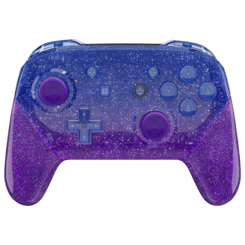 eXtremeRate Glitter Gradient Translucent Bluebell Faceplate Backplate Handles for NS Switch Pro Controller, Soft Touch Replacement Grip Housing Shell Cover With Full Set Buttons for NS Switch Pro - FRP357