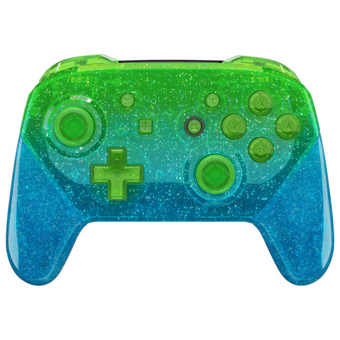eXtremeRate Glitter Gradient Translucent Green Blue Faceplate Backplate Handles for NS Switch Pro Controller - Controller NOT Included - FRP358