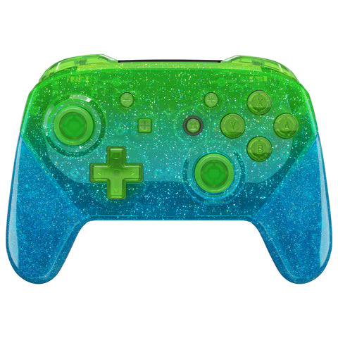 eXtremeRate Glitter Gradient Translucent Green Blue Faceplate Backplate Handles for NS Switch Pro Controller, Soft Touch Replacement Grip Housing Shell Cover With Full Set Buttons for NS Switch Pro - FRP358