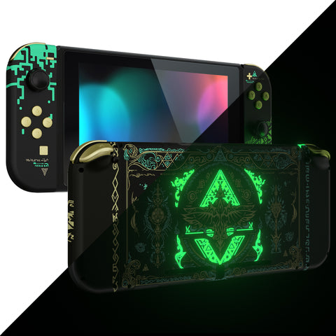 eXtremeRate Glow in Dark - Totem of Kingdom Black Back Plate for Nintendo Switch Console, NS Joycon Handheld Controller Housing with Colorful Buttons, DIY Replacement Shell for Nintendo Switch - QT122