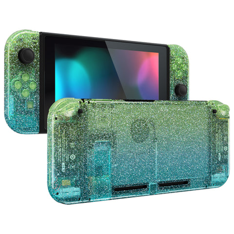 eXtremeRate Glitter Gradient Translucent Green Blue Back Plate for NS Switch Console, NS Joycon Handheld Controller Housing with Full Set Buttons, DIY Replacement Shell for Nintendo Switch - QP347