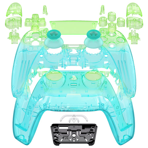 eXtremeRate Full Set Housing Shell with Action Buttons Touchpad Cover, Gradient Translucent Green Blue Replacement Decorative Trim Shell Front Back Plates Compatible with ps5 Controller BDM-030/040/050 - QPFP3002G3
