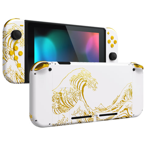 eXtremeRate The Great GOLDEN Wave Off Kanagawa - White Back Plate for Nintendo Switch Console, NS Joycon Handheld Controller Housing with Buttons, DIY Replacement Shell for Nintendo Switch - QT121