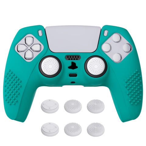 PlayVital Aqua Green 3D Studded Edition Anti-slip Silicone Cover Skin for 5 Controller, Soft Rubber Case Protector for PS5 Wireless Controller with 6 Black Thumb Grip Caps - TDPF010