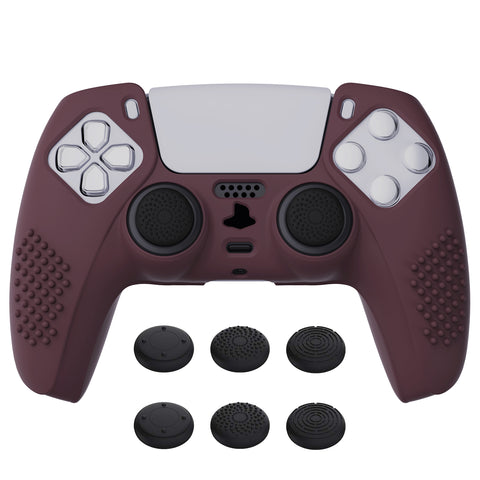 PlayVital Wine Red 3D Studded Edition Anti-slip Silicone Cover Skin for 5 Controller, Soft Rubber Case Protector for PS5 Wireless Controller with 6 Black Thumb Grip Caps - TDPF011