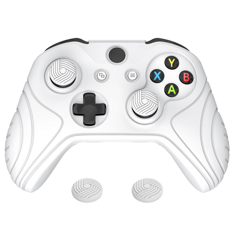PlayVital Samurai Edition White Anti-Slip Controller Grip Silicone Skin for Xbox One X/S Controller, Ergonomic Soft Rubber Protective Case Cover for Xbox One S/X Controller with White Thumb Stick Caps - XOQ035