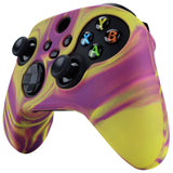 PlayVital Two Tone Purple & Yellow Camouflage Anti-Slip Silicone Cover Skin for Xbox Series X Controller, Soft Rubber Case Protector for Xbox Series S Controller with Black Thumb Grip Caps - BLX3013