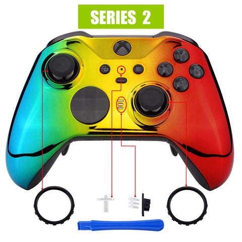 eXtremeRate Tri-Color Gradient Glossy Faceplate Cover, Chrome Cyan Gold Red Replacement Front Housing Shell Case for Xbox One Elite Series 2 Controller Model 1797 and Core Model 1797 - Thumbstick Accent Rings Included - ELD409