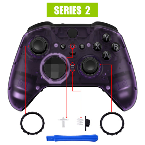 eXtremeRate Clear Atomic Purple Faceplate Cover, Front Housing Shell Case Replacement Kit for Xbox One Elite Series 2 Controller Model 1797 and Core Model 1797 - Thumbstick Accent Rings Included - ELM504