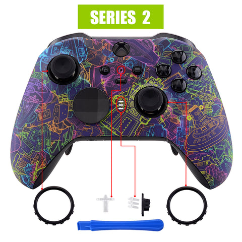 eXtremeRate Neon Novel Patterned Faceplate Cover, Soft Touch Front Housing Shell Case Replacement Kit for Xbox One Elite Series 2 Controller Model 1797 and Core Model 1797 - Thumbstick Accent Rings Included - ELT127