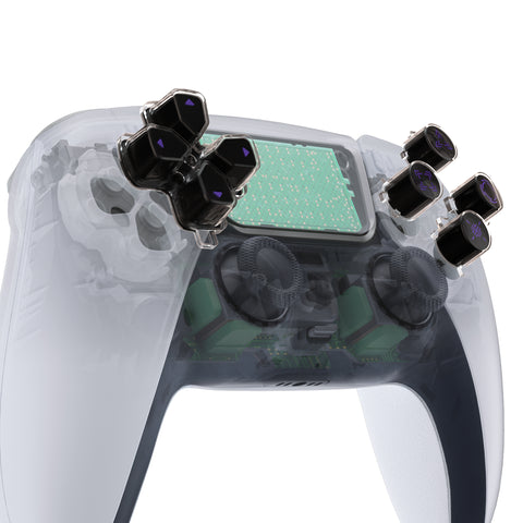 eXtremeRate Replacement Custom Dpad Action Buttons Three-Tone Black & Clear with Black Purple Redesigned Symbols D-pad Face Buttons Compatible with ps5 Controller - JPFF006