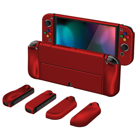 PlayVital AlterGrips Protective Slim Case for Nintendo Switch OLED, Ergonomic Grip Cover for Joycon, Dockable Hard Shell for Switch OLED w/Thumb Grip Caps & Button Caps - Scarlet Red - JSOYP3004