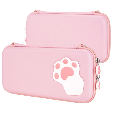 PlayVital Pink Switch Lite Travel Carrying Case, Cat Paw Hard Portable Pouch, Soft Velet Lining Carry Storage Bag for Nintendo Switch Lite w/ Thumb Grips 10 Game Cards Slots Inner Pocket - LTW001