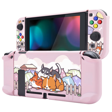 eXtremeRate PlayVital Sleeping Shiba Inu Puppies Back Cover for NS Switch Console, NS Joycon Handheld Controller Separable Protector Hard Shell, Dockable Protective Case with Colorful ABXY Direction Button Caps - NTT111