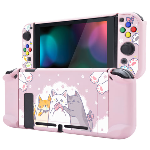 eXtremeRate PlayVital Hungry Kitties Back Cover for NS Switch Console, NS Joycon Handheld Controller Separable Protector Hard Shell, Dockable Protective Case with Colorful ABXY Direction Button Caps - NTT112