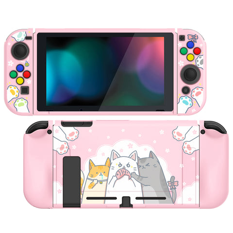 PlayVital Hungry Kitties Protective Case for NS, Soft TPU Slim Case Cover for NS Joycon Console with Colorful ABXY Direction Button Caps - NTU6020