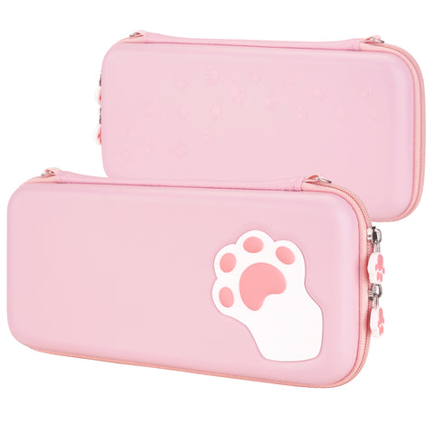 PlayVital Pink Cute Switch Carrying Case, Cat Paw Switch Hard Portable Pouch, Soft Velvet Lining Switch Storage Bag, Travel Case for Nintendo Switch OLED w/Thumb Grips Game Cards Slots & Inner Pocket - NTW001