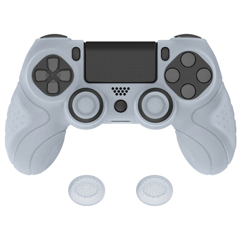 PlayVital Guardian Edition Clear White Ergonomic Soft Anti-Slip Controller Silicone Case Cover for ps4, Rubber Protector Skins with White Joystick Caps for PS4 Slim PS4 Pro Controller - P4CC0063