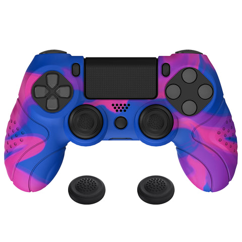 PlayVital Guardian Edition Pink & Purple & Blue Ergonomic Soft Anti-Slip Controller Silicone Case Cover for PS4, Rubber Protector Skins with black Joystick Caps for PS4 Slim PS4 Pro Controller - P4CC0072