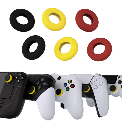 PlayVital 3 Pairs Silicone Aim Assist Target Motion Control Precision Rings for PS5, for PS4, for Xbox Series X/S, Xbox One, Xbox 360, for Switch Pro, for Steam Deck - Red & Black & Yellow & 3 Different Strengths - PFPJ109