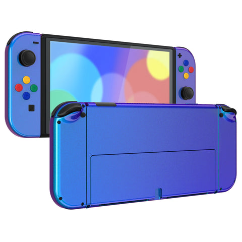 eXtremeRate Chameleon Purple Blue Full Set Shell for Nintendo Switch OLED, Replacement Console Back Plate & Metal Kickstand, NS Joycon Handheld Controller Housing & Buttons for Nintendo Switch OLED - QNSOP3001