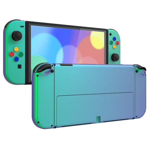 eXtremeRate Chameleon Green Purple Full Set Shell for Nintendo Switch OLED, Replacement Console Back Plate & Metal Kickstand, NS Joycon Handheld Controller Housing & Buttons for Nintendo Switch OLED - QNSOP3002