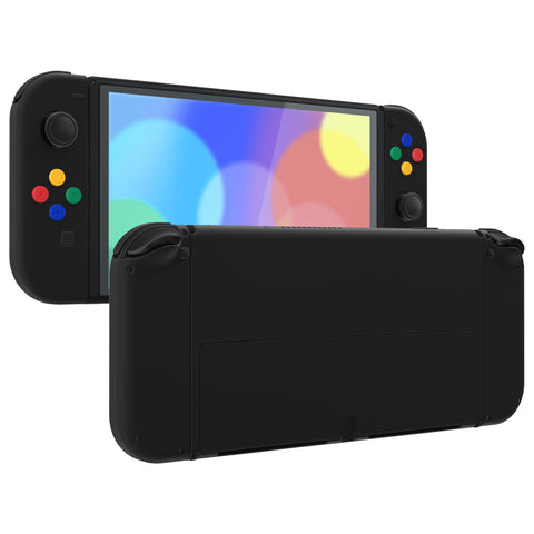 eXtremeRate Black Soft Touch Full Set Shell for Nintendo Switch OLED, DIY Replacement Console Back Plate & Kickstand, NS Joycon Handheld Controller Housing & Full Set Buttons for Nintendo Switch OLED - QNSOP3006