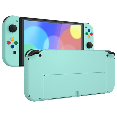 eXtremeRate Misty Green Soft Touch Full Set Shell for Nintendo Switch OLED, Replacement Console Back Plate & Metal Kickstand, NS Joycon Handheld Controller Housing & Buttons for Nintendo Switch OLED - QNSOP3010