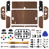 eXtremeRate Wood Grain Soft Touch Full Set Shell for Nintendo Switch OLED, Replacement Console Back Plate & Metal Kickstand, NS Joycon Handheld Controller Housing & Buttons for Nintendo Switch OLED - QNSOS2001