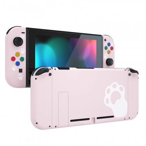eXtremeRate Cherry Blossoms Pink Cat Paw Back Plate for Nintendo Switch Console, NS Joycon Handheld Controller Housing with Colorful Buttons, DIY Replacement Shell for Nintendo Switch - QT110