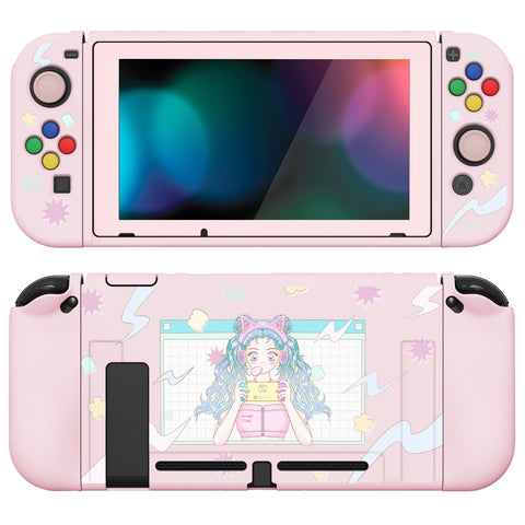 PlayVital ZealProtect Soft Protective Case for Nintendo Switch, Flexible Cover Protector for Nintendo Switch with Tempered Glass Screen Protector & Thumb Grip Caps & ABXY Direction Button Caps - Gaming Girl - RNSYV6021