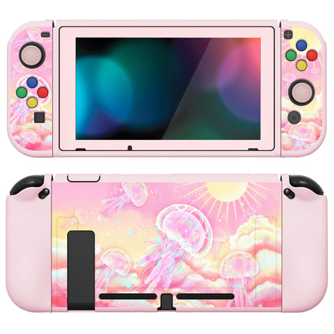 PlayVital ZealProtect Soft Protective Case for Nintendo Switch, Flexible Cover Protector for Nintendo Switch with Tempered Glass Screen Protector & Thumb Grip Caps & ABXY Direction Button Caps - Pinky Jellyfish Heaven - RNSYV6025